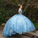 Mexico Sky Blue Ball Gown Quinceanera Dress Floral Flower Tull Sequins Beaded Off Shoulder Sweet 16 Vestido De 15 Anos