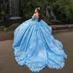 Mexico Sky Blue Ball Gown Quinceanera Dress Floral Flower Tull Sequins Beaded Off Shoulder Sweet 16 Vestido De 15 Anos