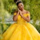 Mexico Yellow Shiny Ball Gown Quinceanera Dress Floral Lace Appliques Beaded Tull Sweet 16 Dress Lace up Vestido De 15 Anos