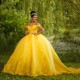 Mexico Yellow Shiny Ball Gown Quinceanera Dress Floral Lace Appliques Beaded Tull Sweet 16 Dress Lace up Vestido De 15 Anos