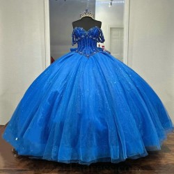 Off Shoulder Blue Shiny Princess Ball Gown Quinceanera Dresses 2024 Beaded Crystal Bow Tull Lace up Sweet 16 Dress Birthday Gown