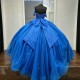 Off Shoulder Blue Shiny Princess Ball Gown Quinceanera Dresses 2024 Beaded Crystal Bow Tull Lace up Sweet 16 Dress Birthday Gown