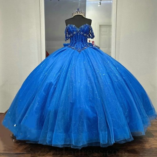 Off Shoulder Blue Shiny Princess Ball Gown Quinceanera Dresses 2024 Beaded Crystal Bow Tull Lace up Sweet 16 Dress Birthday Gown