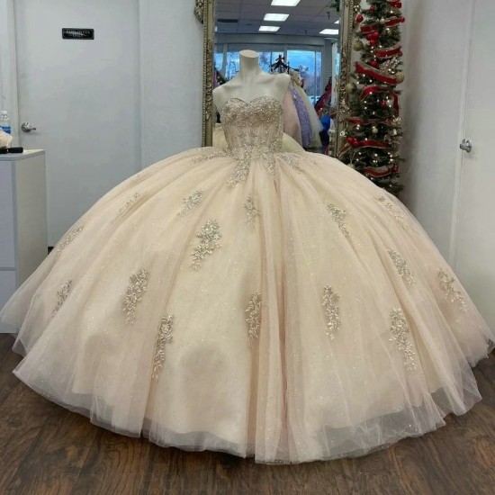 Off Shoulder Champagne Shiny Quinceanera Dresses Ball Gown Appliques Bead Lace Tull Birthday Party Sweet 16 Vestido De 15 Anos