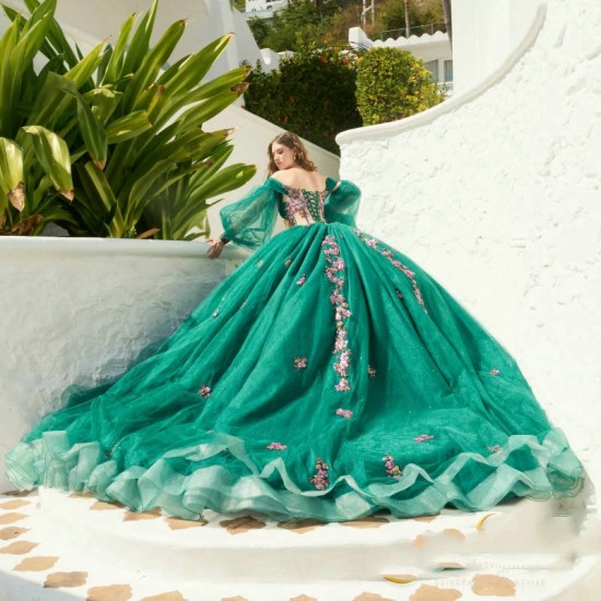 Off Shoulder Green Shiny Princess Quinceanera Dresses 3D Floral Ball Gown Puff Sleeve Coset vestido 15 quinceaneras dorado Sweet