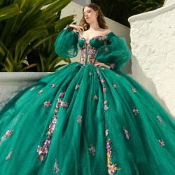 Off Shoulder Green Shiny Princess Quinceanera Dresses 3D Floral Ball Gown Puff Sleeve Coset vestido 15 quinceaneras dorado Sweet