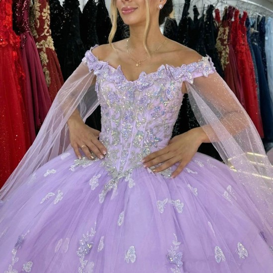 Off Shoulder Lavender Quinceanera Dresses Lace Bow Beads Tull With Cape Corset Prom Party Gown 16 Vestidos De XV Anos