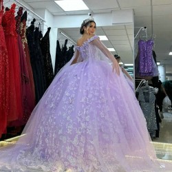 Off Shoulder Lavender Quinceanera Dresses Lace Bow Beads Tull With Cape Corset Prom Party Gown 16 Vestidos De XV Anos