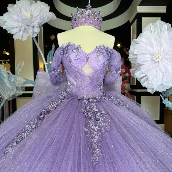 Off Shoulder Lavender Shiny Quinceanera Dress Corset Ball Gown Applique Lace Beads Tull Tiered Sweet 16 Vestidos De 15 Anos