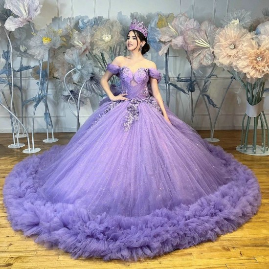 Off Shoulder Lavender Shiny Quinceanera Dress Corset Ball Gown Applique Lace Beads Tull Tiered Sweet 16 Vestidos De 15 Anos