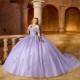 Off Shoulder Lavender Shiny Quinceanera Dresses Sweet 16 Lace Applique Beads Tull Lace up Prom Ball Gowns Vestido De 15 Anos