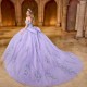 Off Shoulder Lavender Shiny Quinceanera Dresses Sweet 16 Lace Applique Beads Tull Lace up Prom Ball Gowns Vestido De 15 Anos