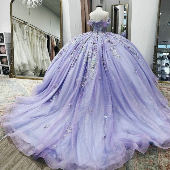 Off Shoulder Lavender Shiny Sweet 16 Quinceanera Dress Appliquéd Lace Beads Crystal Tull Ball Gown Princess Party Birthday Dress