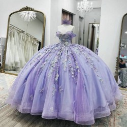 Off Shoulder Lavender Shiny Sweet 16 Quinceanera Dress Appliquéd Lace Beads Crystal Tull Ball Gown Princess Party Birthday Dress