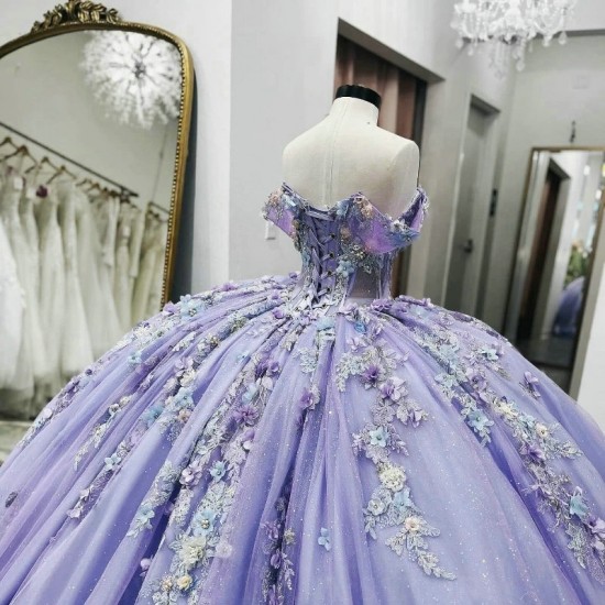 Off Shoulder Lavender Shiny Sweet 16 Quinceanera Dress Appliquéd Lace Beads Crystal Tull Ball Gown Princess Party Birthday Dress