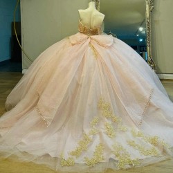 Off Shoulder Light Pink Quinceanera Dress Prom Dress Floral Gold Applique Lace Beads Tull Princess Dress Sweet 15 Year Old Party