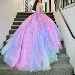 Off Shoulder Lilac Princess Quinceanera Dresses 3D Floral Beads Tull Ball Gown Coset vestido 15 quinceaneras dorado Sweet 16