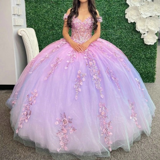 Off Shoulder Lilac Princess Quinceanera Dresses 3D Floral Beads Tull Ball Gown Coset vestido 15 quinceaneras dorado Sweet 16