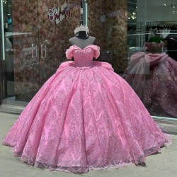 Off Shoulder Pink Tulle Quinceanera Dresses Ball Gown 2024 Crystal Beading Bow Birthday Party Sweet 16 Dress Vestido De 15 Anos