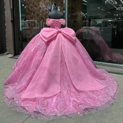 Off Shoulder Pink Tulle Quinceanera Dresses Ball Gown 2024 Crystal Beading Bow Birthday Party Sweet 16 Dress Vestido De 15 Anos