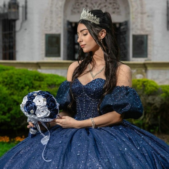 Off Shoulder Pleat Ball Gown Navy Blue Quinceanera Dress Glitter Crystal Beading Tull Sweet 16 Vestidos De 15 Anos