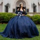 Off Shoulder Pleat Ball Gown Navy Blue Quinceanera Dress Glitter Crystal Beading Tull Sweet 16 Vestidos De 15 Anos