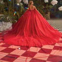 Off Shoulder Red Shiny Princess Quinceanera Dress Applique Lace Beading Tull With Cape Corset Sweet 16 Birthday Party Gown