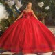 Off Shoulder Red Shiny Princess Quinceanera Dress Applique Lace Beading Tull With Cape Corset Sweet 16 Birthday Party Gown