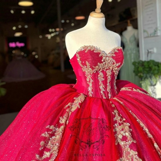 Off Shoulder Red Shiny Princess Quinceanera Dresses Gold Applique Lace Beads Corset Sweet 16 vestidos de 15 anos quinceaneras