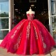 Off Shoulder Red Shiny Princess Quinceanera Dresses Gold Applique Lace Beads Corset Sweet 16 vestidos de 15 anos quinceaneras