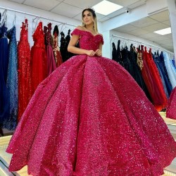 Off Shoulder Rose Red Quinceanera Dresses Vestidos De 15 Quinceanera Luxury Sequins Sweet 16 Ball Gown Prom Dresses