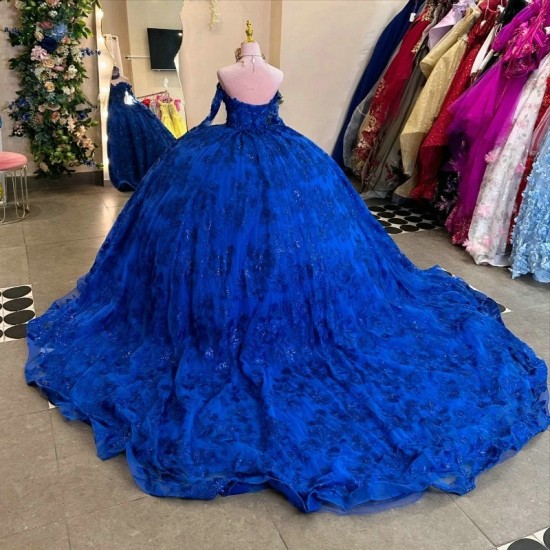 Off Shoulder Royal Blue Shiny Quinceanera Dresses Ball Gown 2024 Classic Applique Lace Tull Sweet 16 Dress Vestidos 15 De Novia