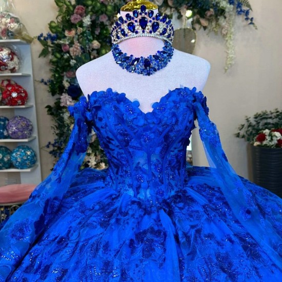 Off Shoulder Royal Blue Shiny Quinceanera Dresses Ball Gown 2024 Classic Applique Lace Tull Sweet 16 Dress Vestidos 15 De Novia