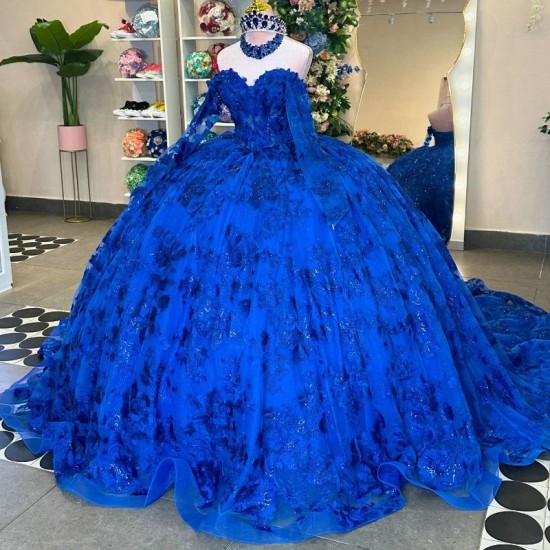 Off Shoulder Royal Blue Shiny Quinceanera Dresses Ball Gown 2024 Classic Applique Lace Tull Sweet 16 Dress Vestidos 15 De Novia