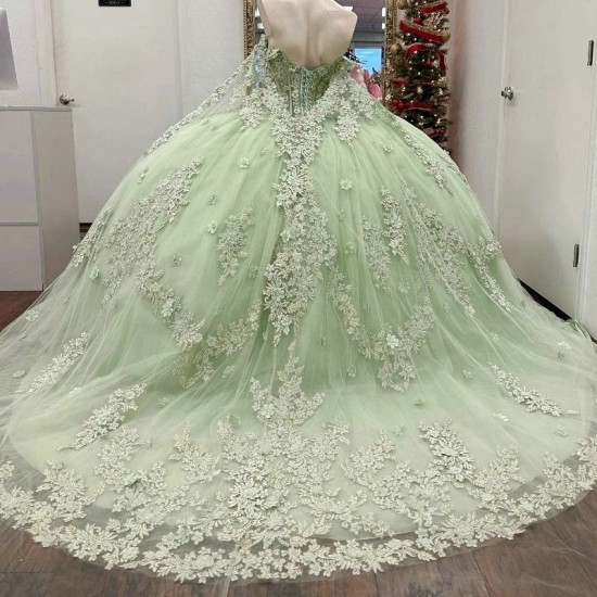 Off Shoulder Sage Green Gillter Quinceanera Dresses Ball Gown Appliques Lace Beading Tull Lace Up Sweet 16 Dress Vestido De 15