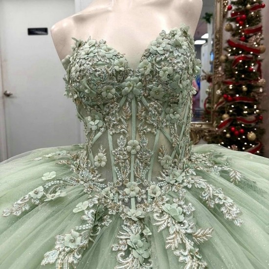 Off Shoulder Sage Green Gillter Quinceanera Dresses Ball Gown Appliques Lace Beading Tull Lace Up Sweet 16 Dress Vestido De 15