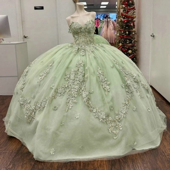 Off Shoulder Sage Green Gillter Quinceanera Dresses Ball Gown Appliques Lace Beading Tull Lace Up Sweet 16 Dress Vestido De 15