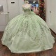 Off Shoulder Sage Green Gillter Quinceanera Dresses Ball Gown Appliques Lace Beading Tull Lace Up Sweet 16 Dress Vestido De 15