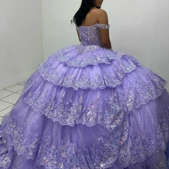 Off Shoulder Shiny Ball Gown Lavender Quinceanera Dresses 2024 Classic Applique Lace Beads Crystal Sweet 16 Dress Vestidos De 15