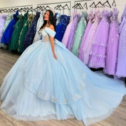 Off Shoulder Sky Blue Princess Quinceanera Dresses Lace Appliques Crystal Tull Ball Gown Sweet 16 Dresses Vestidos De 15