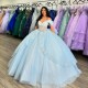 Off Shoulder Sky Blue Princess Quinceanera Dresses Lace Appliques Crystal Tull Ball Gown Sweet 16 Dresses Vestidos De 15