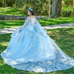 Off Shoulder Sky Blue Shiny Quinceanera Dresses Sweet 16 Lace Applique Beads Tull Lace up Prom Ball Gowns Vestido De 15 Anos