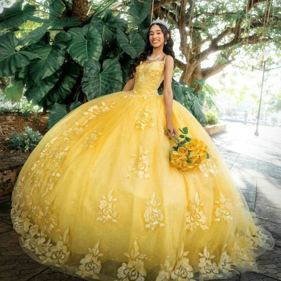 Off Shoulder Yellow Shiny Quinceanera Dresses Appliques Lace Tull Corset Prom Party Gown Sweet 16 Vestidos 15 De XV Anos