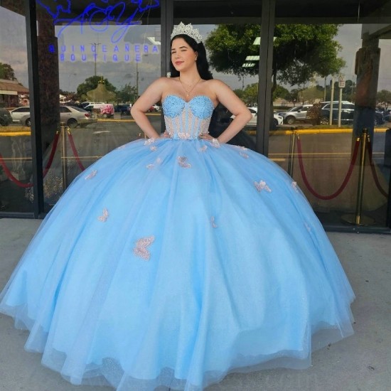 Off The Shouder Sky Blue Shiny Quinceanera Dresses Bow Beads Tull Ball Gown Birthday Party Dress Sweet 16 Vestido De 15 Anos