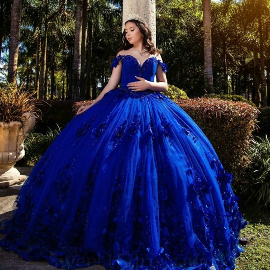 Off The Shoulder Royal Blue Ball Gown Quinceanera Dresses Flowers Appliques Beads Tull Corset Sweet 16 Dress Vestidos De 15