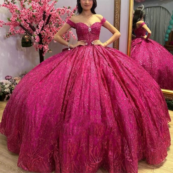 Off The Shoulder Ball Gown Rose Red Quinceanera Dress Beaded Birthday Prom Dresses For Girl Lace Bow Beads Graduation Vestido De