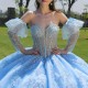 Off The Shoulder Beading Sky Blue Shiny Princess Quinceanera Dress Ball Gown Lace Applique Corset Sweet 16 Vestido 15 De Anos