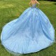 Off The Shoulder Beading Sky Blue Shiny Princess Quinceanera Dress Ball Gown Lace Applique Corset Sweet 16 Vestido 15 De Anos