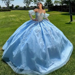 Off The Shoulder Beading Sky Blue Shiny Princess Quinceanera Dress Ball Gown Lace Applique Corset Sweet 16 Vestido 15 De Anos