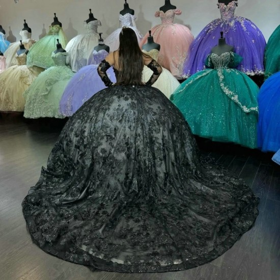 Off The Shoulder Black Shiny Quinceanera Dresses Ball Gown Beading Appliques Lace Tull Corset Sweet 16 Vestidos De 15 Anos